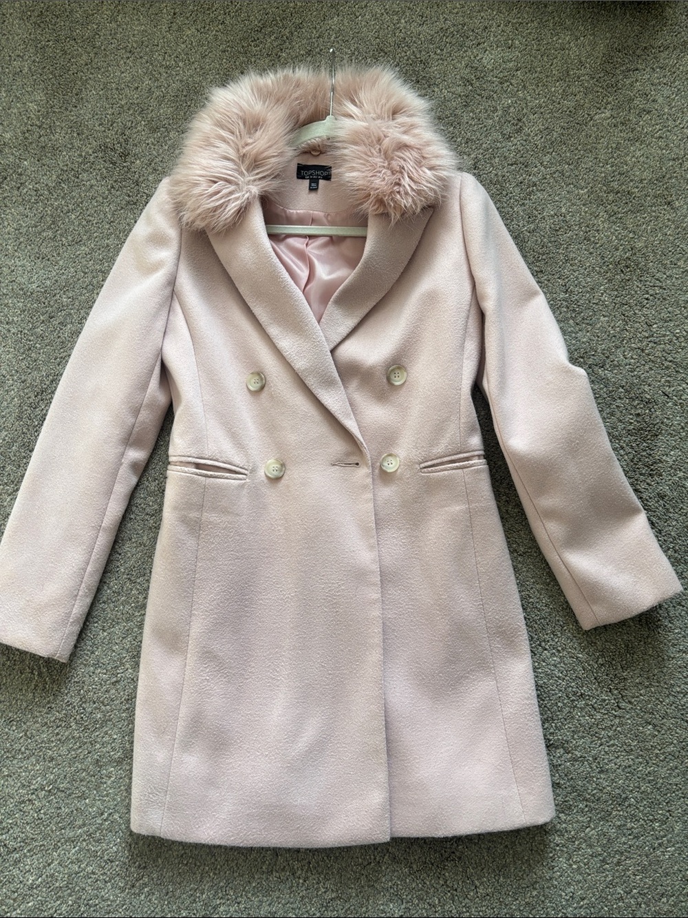 Topshop Pale Pink Double-Breasted Pea Coat with Faux-Fur Collar